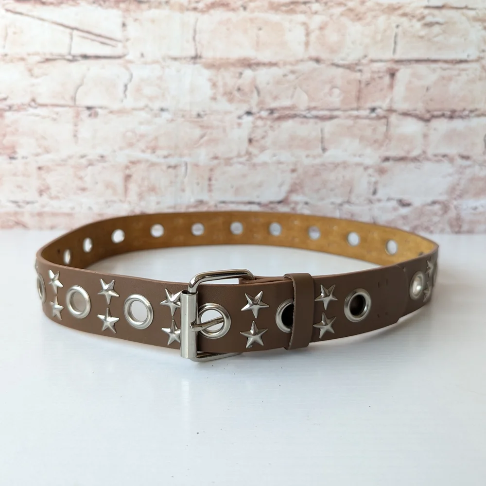 Tan and Silver Star Studs Bohemian Leather Women's Belt